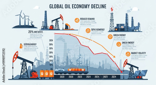 Global Oil Economy Decline Infographic with Industry Symbols.