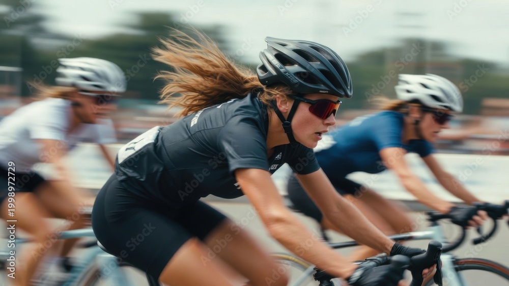Fototapeta premium Female cyclist racing with motion blur during road competition