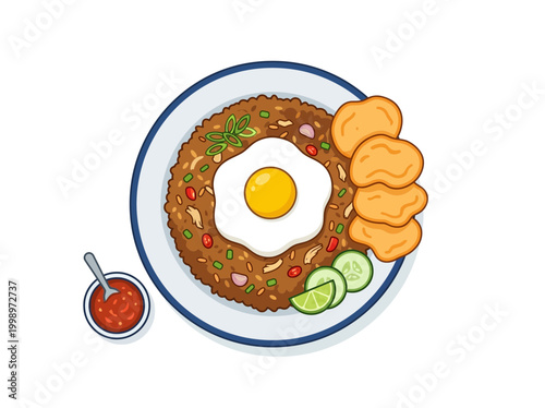 Illustration of Nasi Goreng with Fried Egg Chicken Nuggets and Chili Sauce.