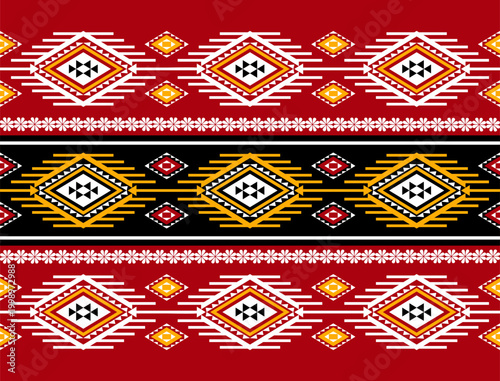 : Ethnic geometric seamless pattern with traditional tribal motifs in horizontal stripes. Featuring bold red, black, white, and yellow tones with symmetrical diamond shapes. Inspired by woven textile