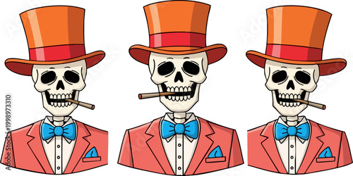 Vintage skeleton gentleman vector set, dapper skull characters in orange top hats and red suits, spooky Halloween mascot collection with cigars
