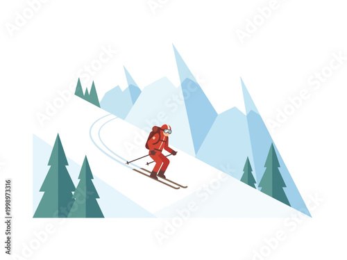 Male skier in red suit and helmet downhill skiing.