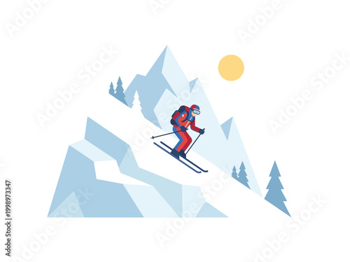Male athlete in red gear skiing down a steep mountain slope.