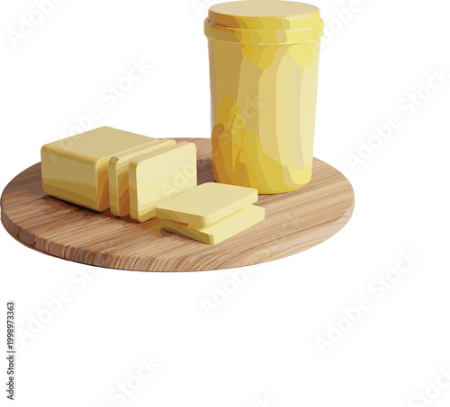 Butter blocks and margarine tub on wooden board vector illustration dairy spread ingredient for cooking and baking design