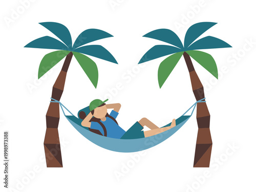 A cartoon man resting comfortably in a hammock tied between two palm trees.
