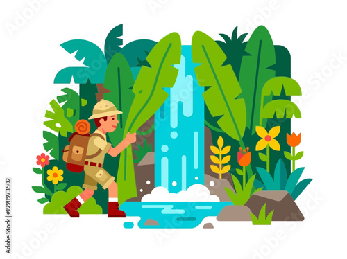 A male explorer walking through the jungle wearing a pith helmet and backpack.