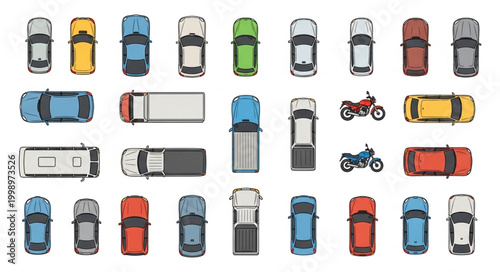 Collection of various vehicles seen from above.