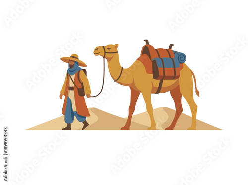 Nomad traveler leading a loaded camel across the desert dunes.