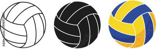 Volleyball vector icons set, professional sports equipment in outline and solid black styles, blue and yellow volleyball ball flat illustration
