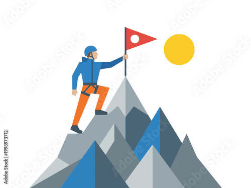 A mountain climber reaches the peak and plants a flag under the bright sun.