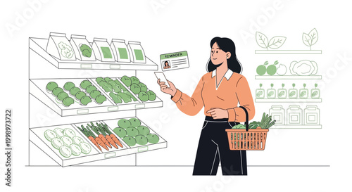 Woman choosing organic vegetables at a grocery store with a shopping basket