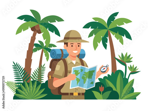 A smiling male explorer holding a map and compass in the jungle.