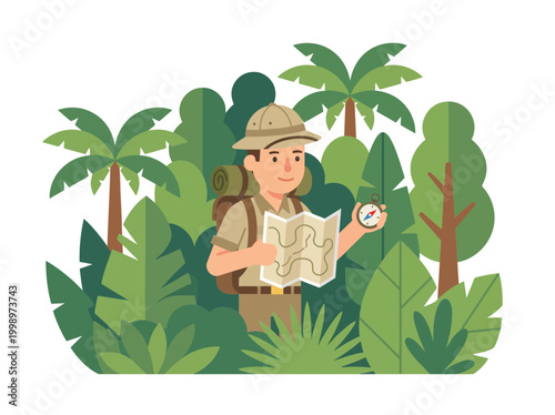 A young explorer man in safari outfit holding a map and compass.