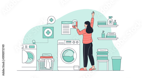 Woman doing laundry, washing machine, clothes basket, shelves with towels and detergent