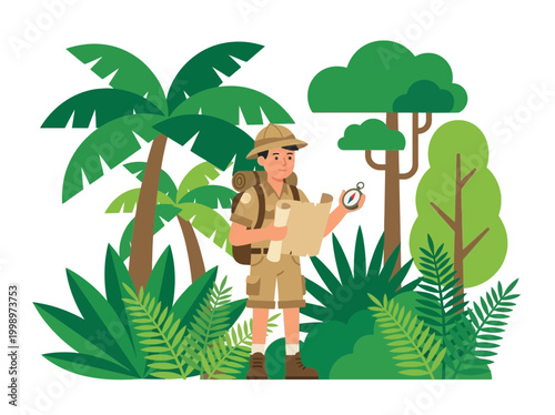 A male explorer standing in a tropical jungle looking at a map and holding a compass.