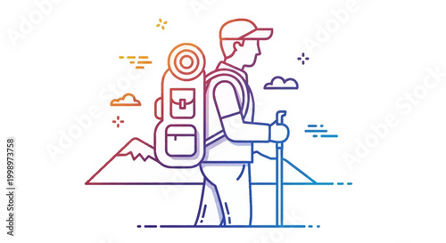 Hiker with backpack and poles on mountain trail, adventure, travel, outdoor activity