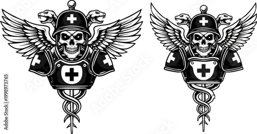 Gothic skull medic vector illustration, winged skeleton soldier in armor with caduceus and snakes, dark military medical emblem for apparel design