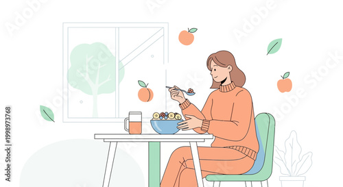 Woman eating healthy breakfast at table near window, fresh fruit and juice