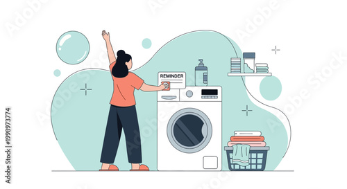 Woman doing laundry, putting clothes in washing machine, household chores, domestic routine