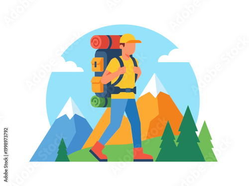 Male hiker with heavy backpack walking through a mountain landscape.