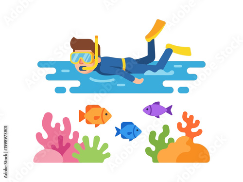 Cartoon snorkeling person exploring coral reef with tropical fish.