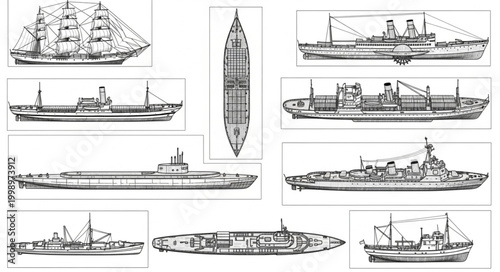 Collection of Vintage Ship and Submarine Blueprints and Illustrations.