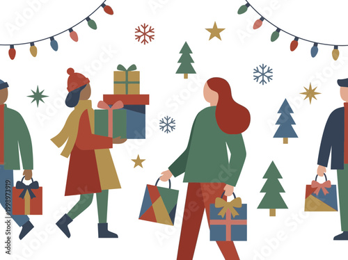 People walking with Christmas shopping bags and gifts.