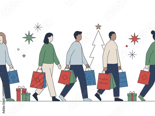 Diverse Group of People Shopping for Christmas Gifts.