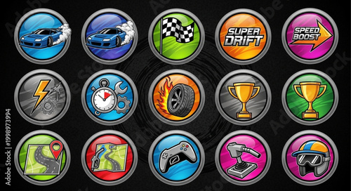 Collection of racing game icons and symbols.