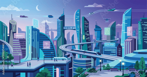 Blue 3d vector illustration of an abstract city skyline featuring futuristic skyscrapers and downtown office buildings in a night urban cityscape design