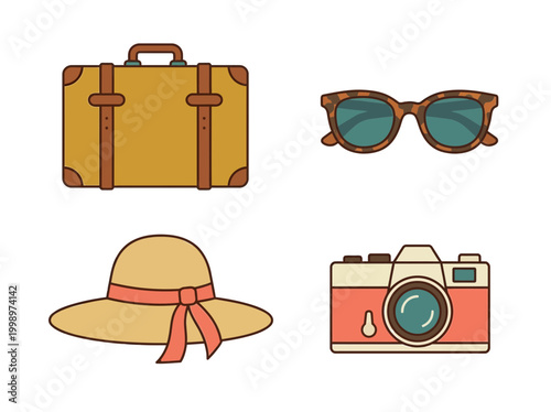 Set of travel essentials including a suitcase sunglasses sun hat and camera.