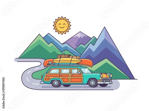 Vintage woody station wagon car with canoe on roof traveling on road.