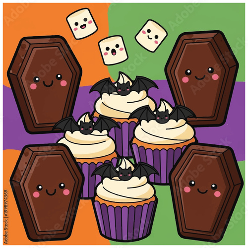 Cartoon cupcakes with bats and coffins.