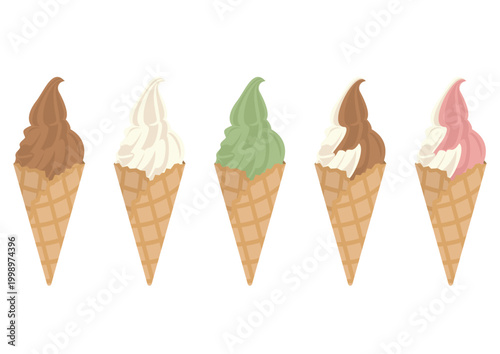 ワッフルコーンのソフトクリーム5種セット(チョコ・バニラ・抹茶・ミックス)のベクターイラスト