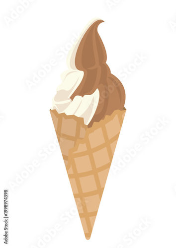 ワッフルコーンのチョコとバニラのミックスソフトクリームのベクターイラスト
