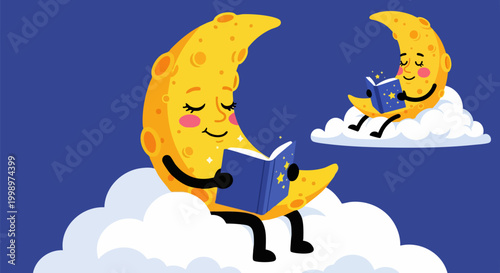 Cute crescent moon character reading a book on a cloud, whimsical bedtime story illustration, yellow moon mascot in night sky vector