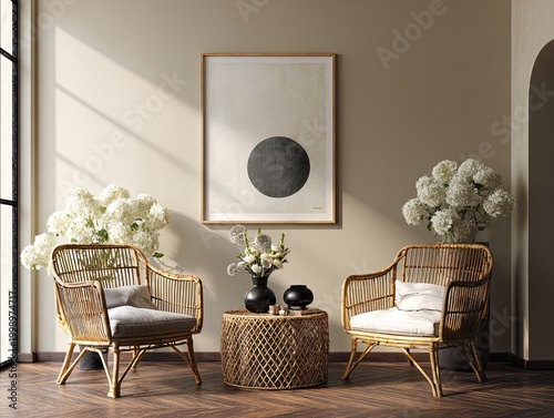 Modern living room with wicker furniture.