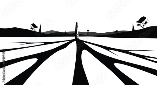 Black and white illustration of a road leading to a distant landscape isolated on white background