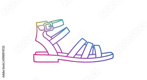 Gladiator sandal outline with rainbow gradient, minimalist line art, summer footwear concept