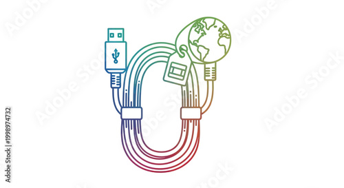 Global Connectivity: USB Cable, Lock, and Earth Symbol Representing Digital Security and Network