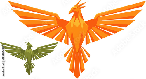 Geometric phoenix bird vector illustration, orange and green mythical firebird icons, low poly eagle mascot set for gaming and corporate branding