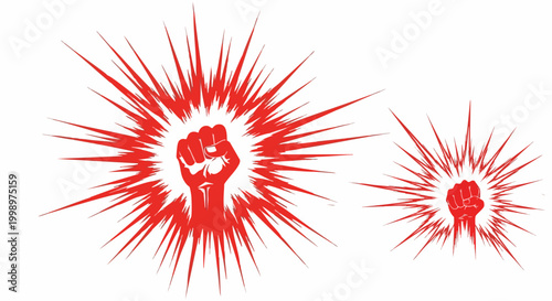 Revolutionary red clenched fist vector, powerful protest fist with starburst explosion, social justice and human rights symbol, political activism icon