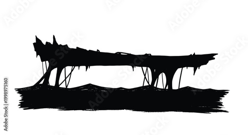 A black silhouette of a dilapidated structure on a white background