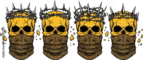 Edgy yellow skull vector set with barbed wire crowns and face masks, gothic streetwear skull illustrations, 4 dark aesthetic skull icons for apparel design