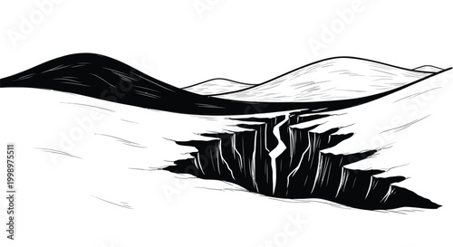 Black and white illustration of a deep canyon with mountains isolated on white background