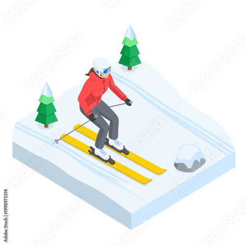 An isometric illustration of a person skiing down a snowy slope with pine trees and a rock.