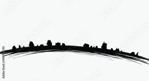 A black silhouette of a small town on a hill isolated on white background
