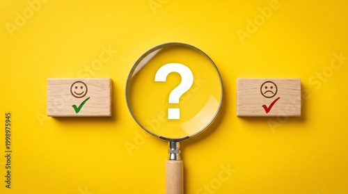 Uncertainty with Choices: A magnifying glass hovers over a question mark, flanked by wooden blocks showcasing happy and sad emoticons, symbolizing choices and evaluation.