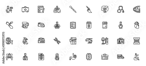 Medical icon set. Healthcare vector symbols pack. Includes patient, heart, brain, hospital, ambulance, medicine, doctor, nurse and more. Editable thin line icons.