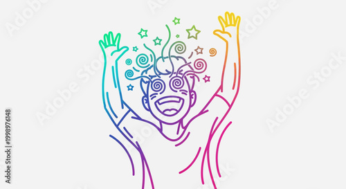 Excited person with rainbow colors, hands up, dizzy effect, stars, and swirls